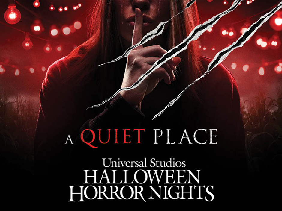 A person holding a finger to their lips, with scratched marks above "A Quiet Place" and "Universal Studios Halloween Horror Nights" text below on a red and black background, creating an eerie atmosphere.