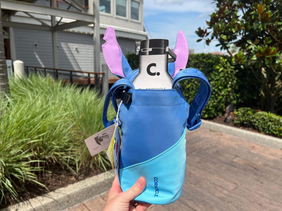 Person holding a blue bottle holder with purple ears and a metallic flash water bottle inside, outdoors with buildings and greenery in the background.