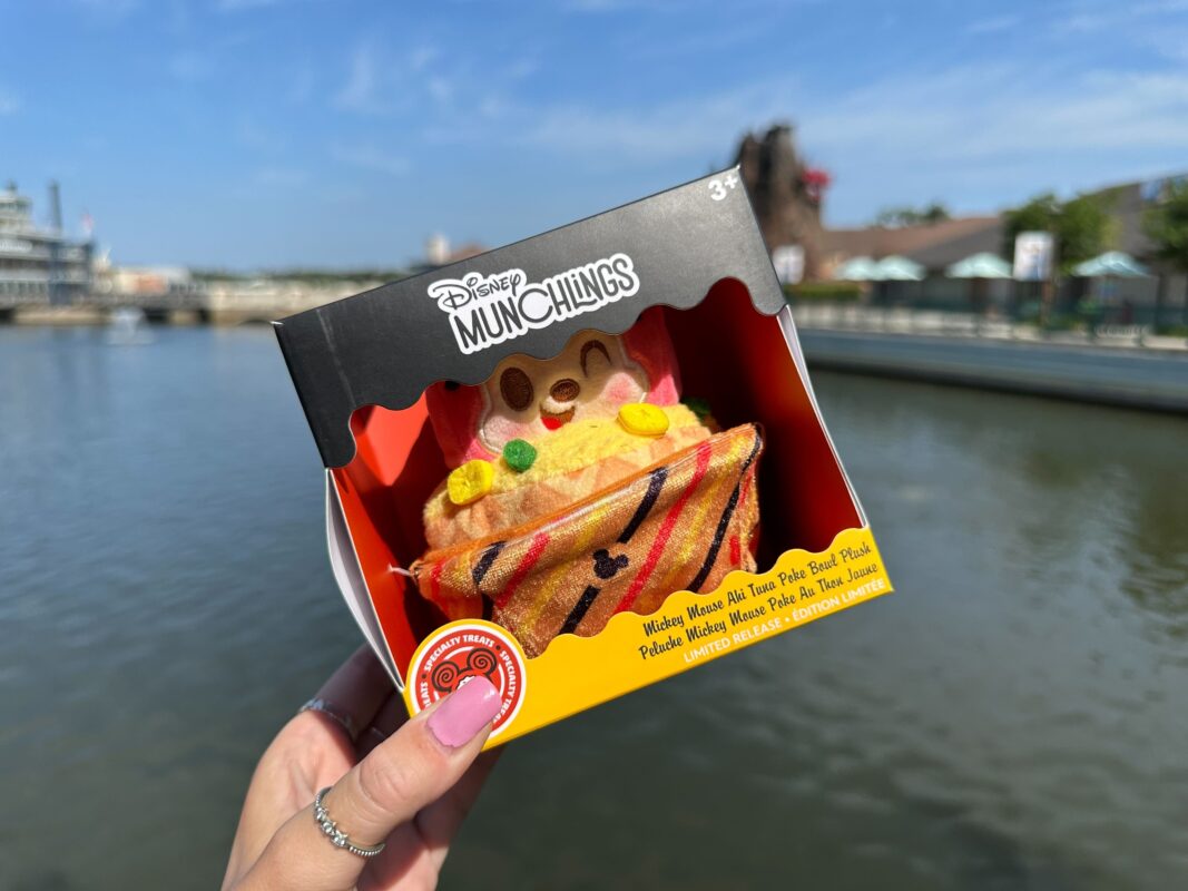 A hand holds a Disney Munchlings plush toy in front of a waterfront, shaped like a waffle and packaged in a colorful box. Outlines of buildings and a clear sky are visible in the background, adding to the charm of this playful Poke Mickey Mouse-inspired keepsake.