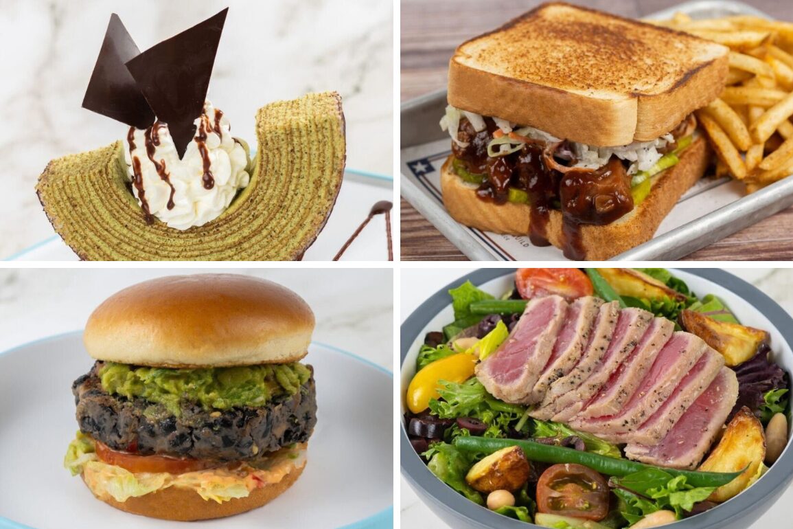A collage of four food items: matcha cake with chocolate and whipped cream, toast sandwich with fries, burger with avocado spread, and a salad with seared tuna from Connections Eatery.