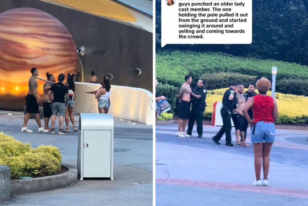 A group of people is gathered outside near a large planet display at EPCOT. Security personnel appear to be intervening with some individuals, possibly due to a fight. A trash can and landscaped area are visible in the background.