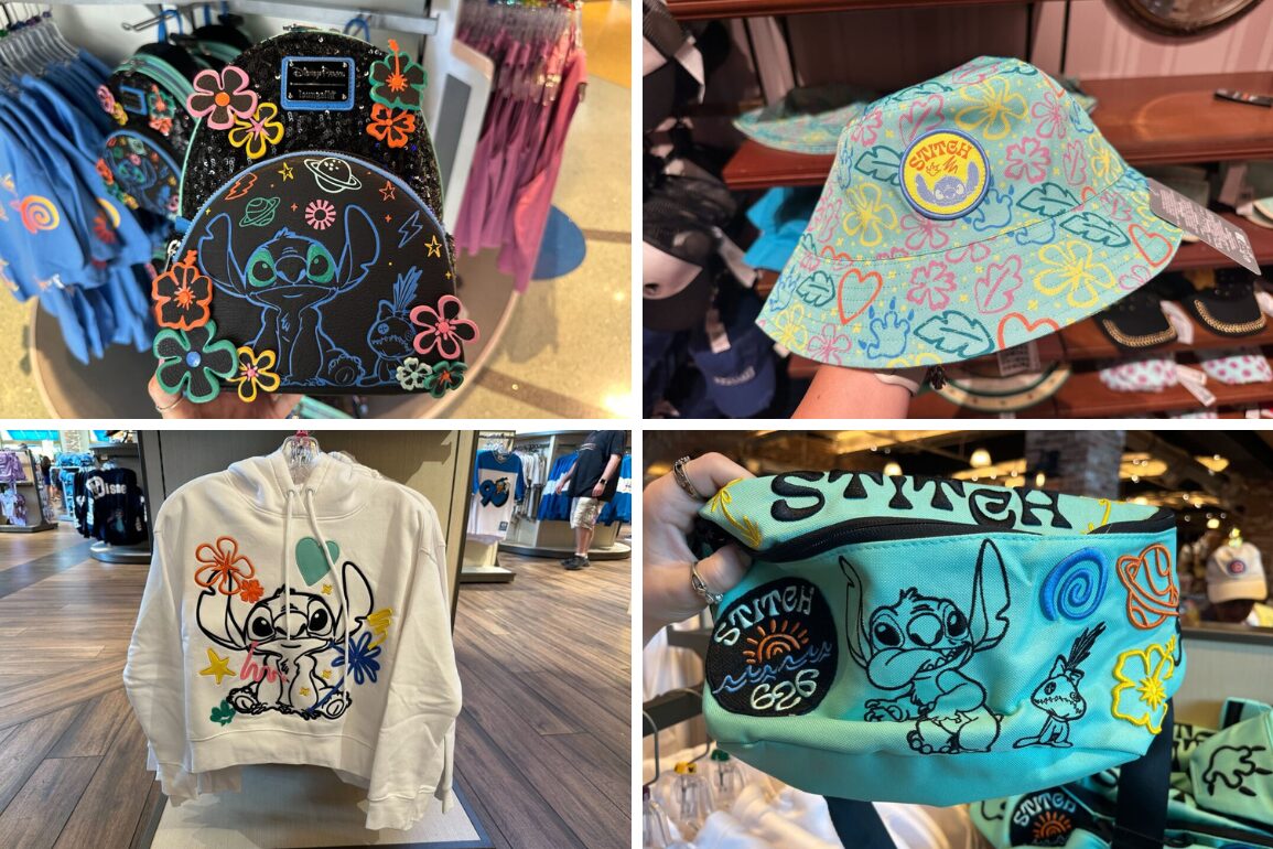 Collage of four images showing Stitch-themed merchandise: a black backpack, a green hat, a white sweatshirt, and a green fanny pack, all with colorful patterns. Perfect for any fan of Stitch 626!