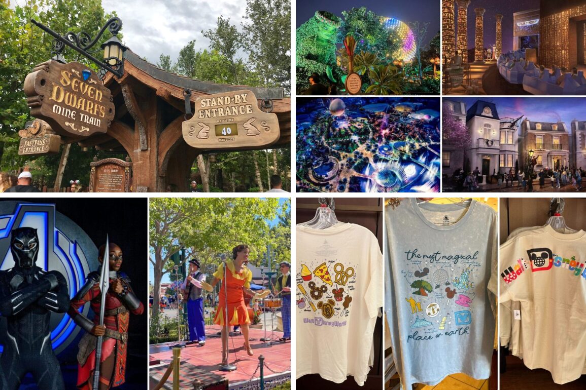 A collage featuring the Seven Dwarfs Mine Train sign, theme park attractions, performances, and various themed merchandise—including shirts with different designs—creates a vibrant daily recap of your magical adventure.