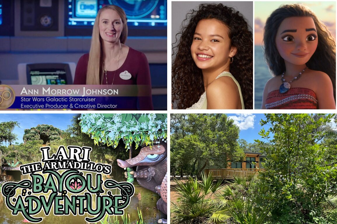 A collage featuring a woman at work, a smiling young girl, an animated character, and two nature-themed images including "Lari the Armadillo's Bayou Adventure" signage provides a vibrant daily recap.