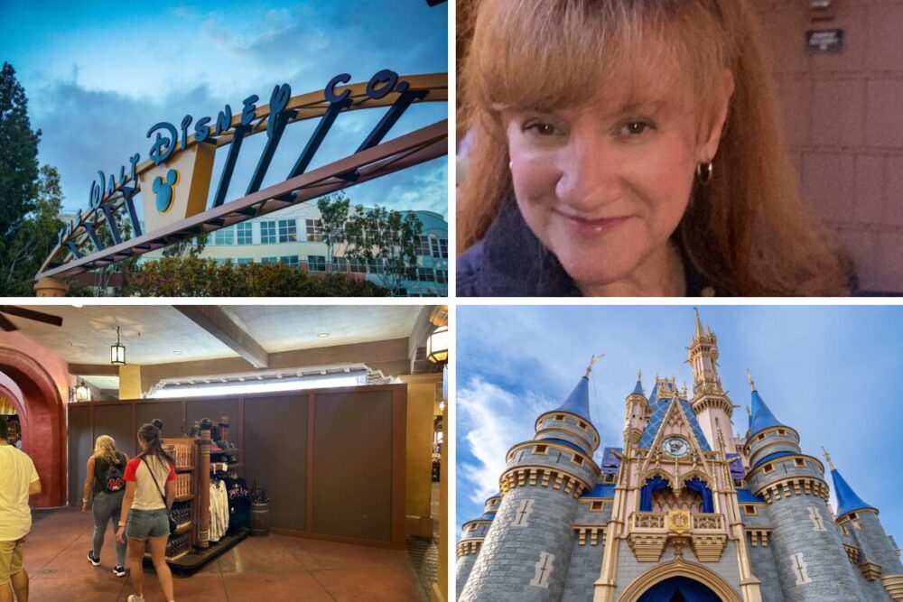 A daily recap collage featuring the Disney entrance sign, a woman smiling, people shopping in a store, and a view of Cinderella's Castle at a Disney park.