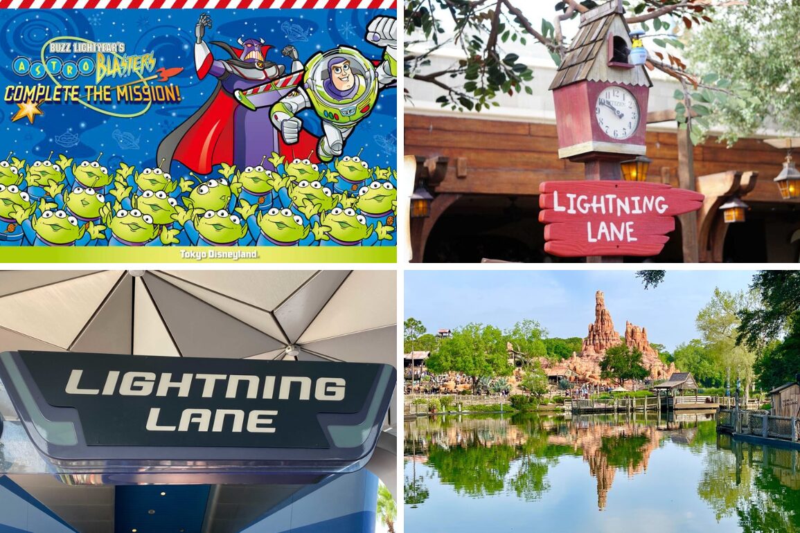 A daily recap collage featuring a Buzz Lightyear-themed sign, a clock sign reading "Lightning Lane," another "Lightning Lane" sign, and a scenic view of an amusement park attraction by a water body.