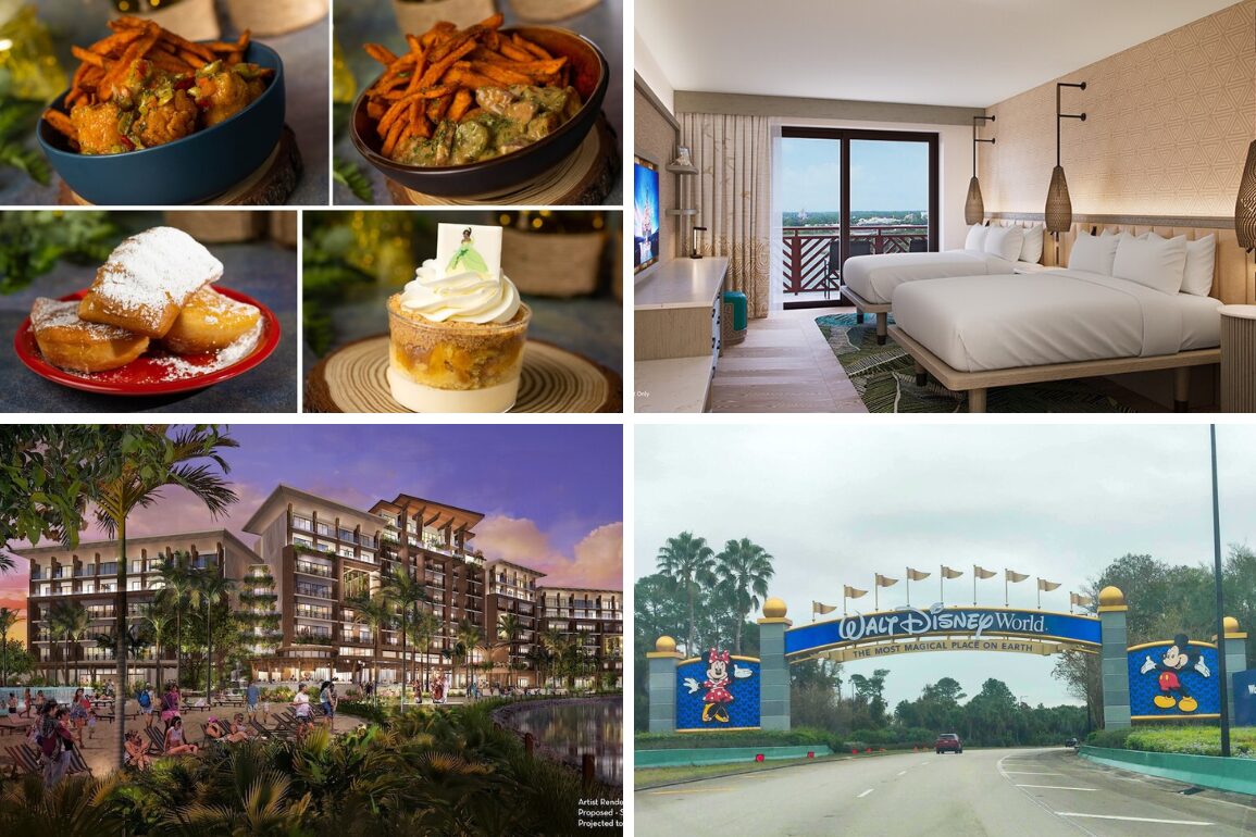A daily recap collage featuring food items, a hotel room, the hotel's exterior at dusk, and the entrance gate to Walt Disney World.