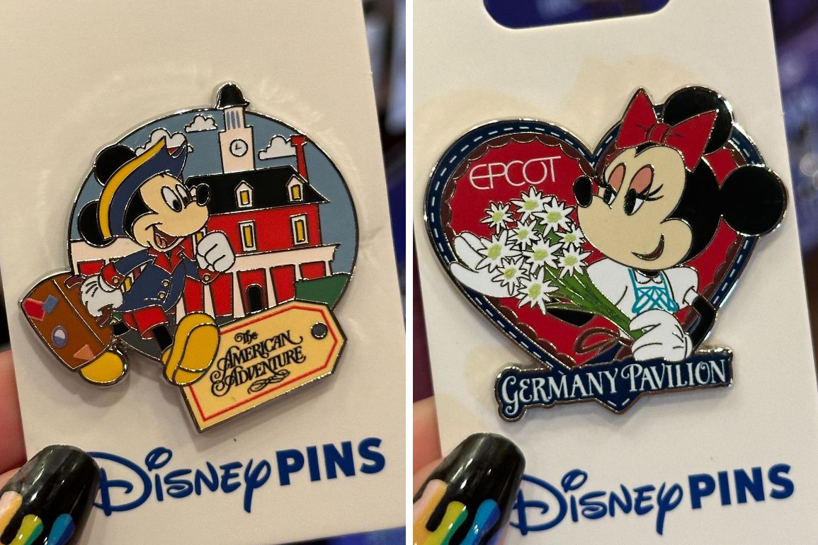 Two Disney pins: one depicts Mickey Mouse in colonial attire with "The American Adventure," and the other shows Minnie Mouse holding flowers at the "EPCOT Germany Pavilion." Perfect additions to your World Showcase Pins collection.