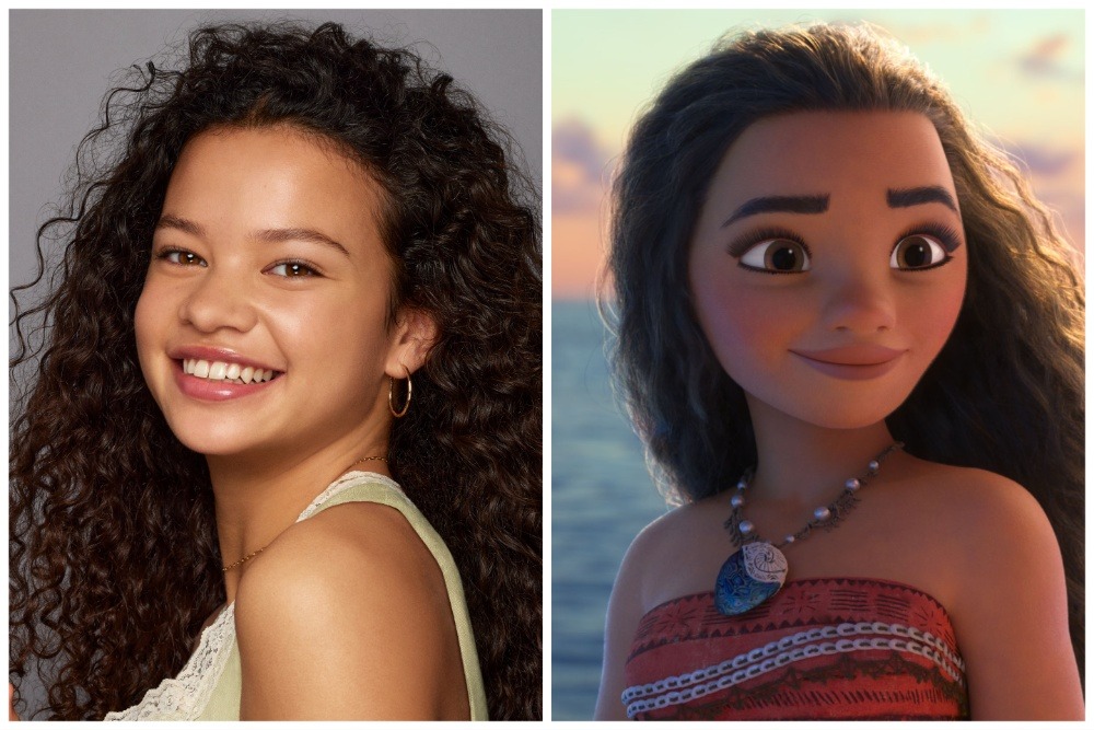 Side-by-side image: on the left, a smiling girl with curly hair in casual clothing; on the right, an animated character with long hair and a necklace against an ocean backdrop. Excitement builds as filming starts for Disney's Live-Action Moana.