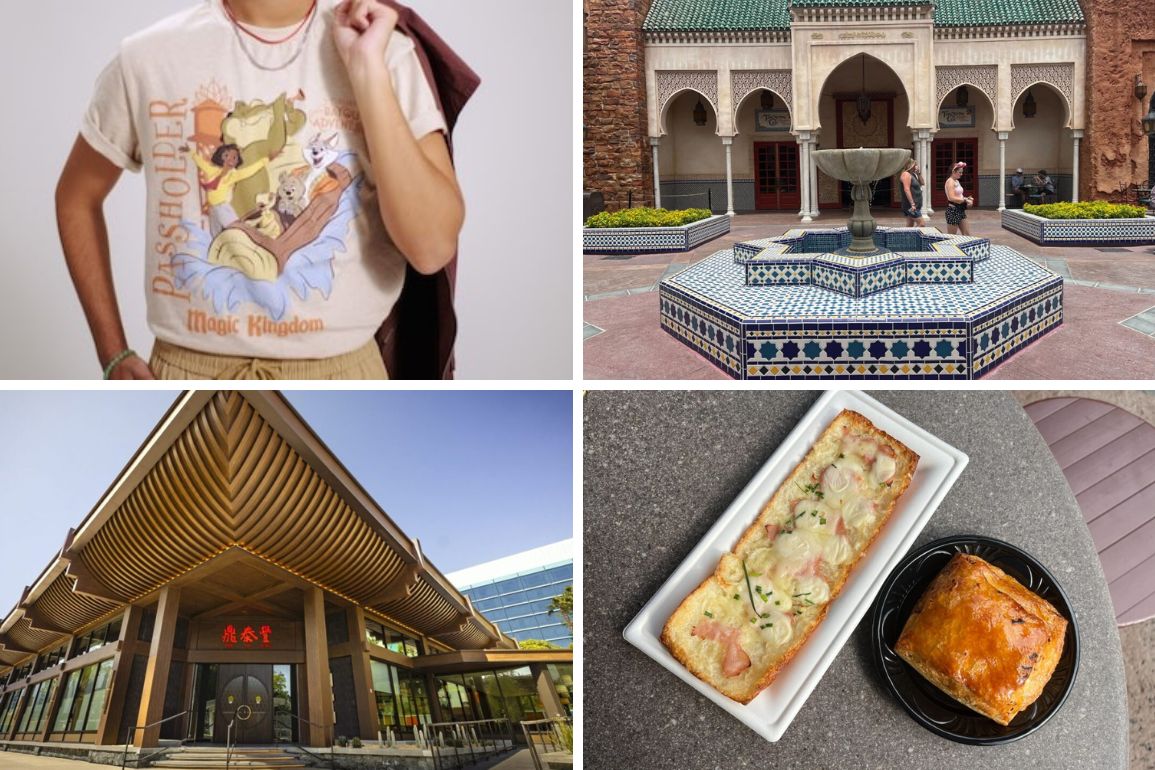 A daily recap collage showcasing: 1) A person in a 'Magic Kingdom' t-shirt; 2) Moroccan-style courtyard with a fountain; 3) A building featuring Asian architectural elements and an 'MGM' sign; 4) A lasagna and a pastry beautifully presented on plates.