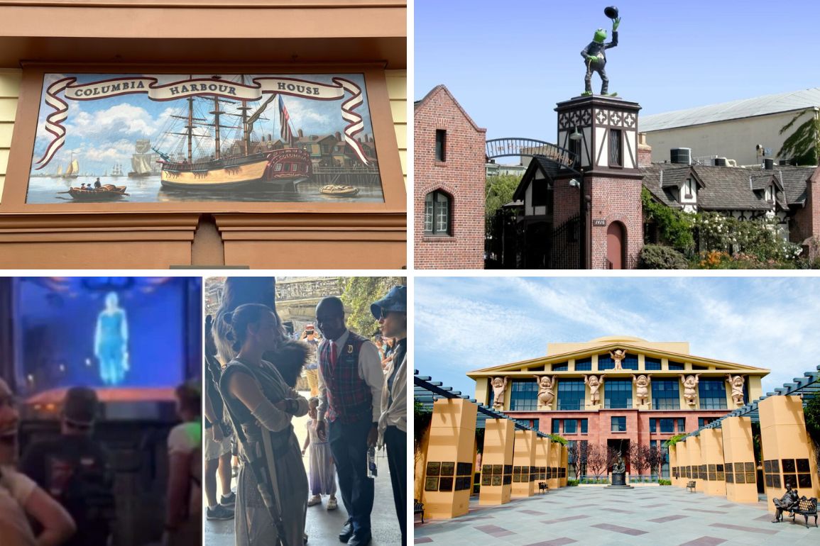 A daily recap collage of four images: a sign for Columbia Harbour House, a statue of Kermit the Frog, a Star Wars-themed indoor scene, and the exterior of the Animation Academy building.