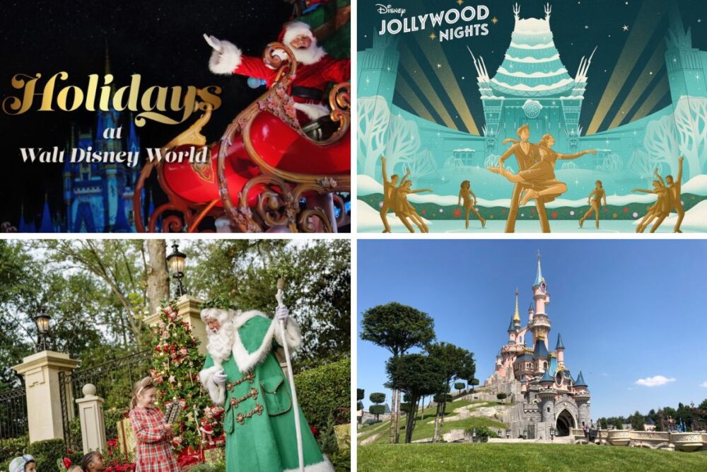 A collage with "Holidays at Walt Disney World" text, Santa Claus in a sleigh, Jollywood Nights poster, Santa with a child by a Christmas tree, and a Disney castle offers a festive daily recap of the magical celebrations.