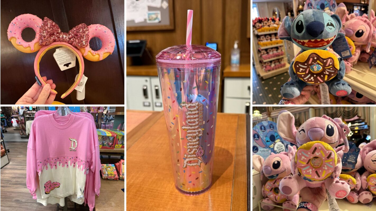 A collage of Disneyland merchandise including a donut-themed headband, a pink sweater, a sparkly tumbler, and plush toys of Stitch and Angel holding donut toys captures the magic of Disney Eats.
