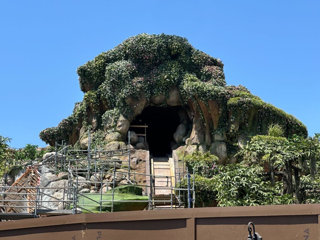An under-construction artificial cave structure covered with greenery, scaffolding, and a ladder leading to its entrance. Clear blue sky in the background.