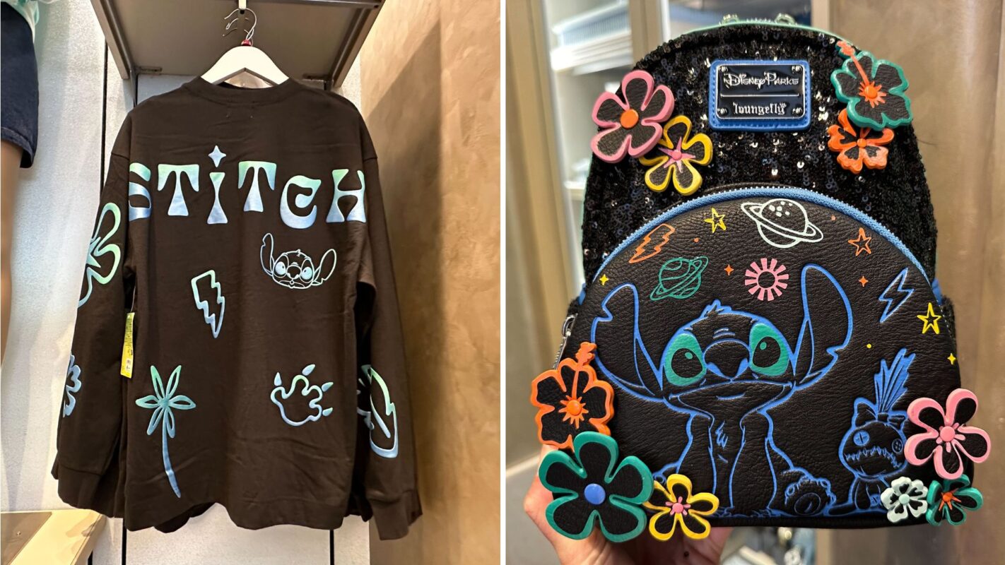 A black long-sleeve shirt featuring "STITCH" and character graphics, displayed on the left. On the right, a black backpack with colorful floral designs and Stitch from "Lilo & Stitch," held by someone.