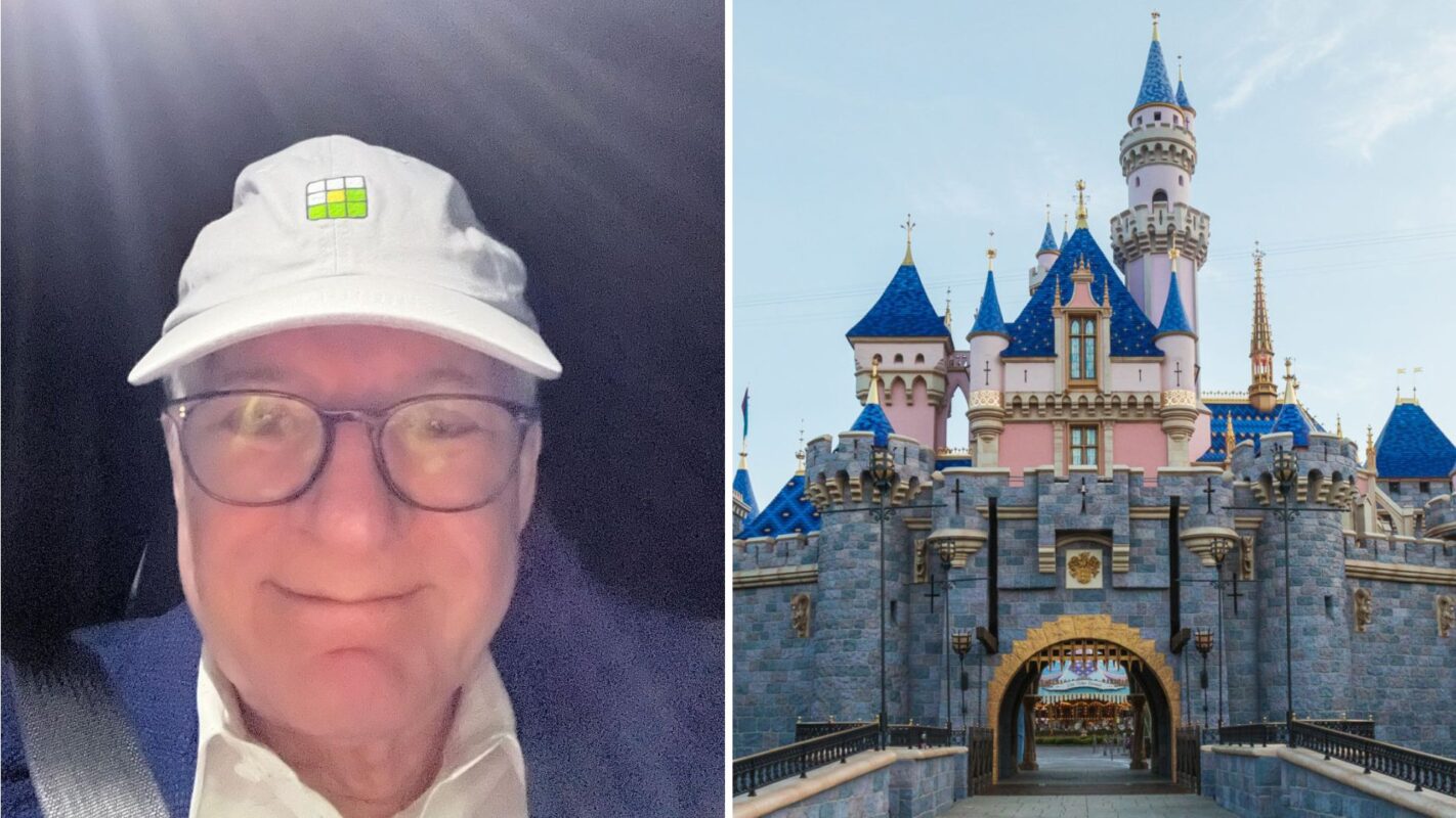 A man wearing a white cap and glasses smiles while taking a selfie on the left; on the right is an image of Disneyland's Sleeping Beauty Castle.