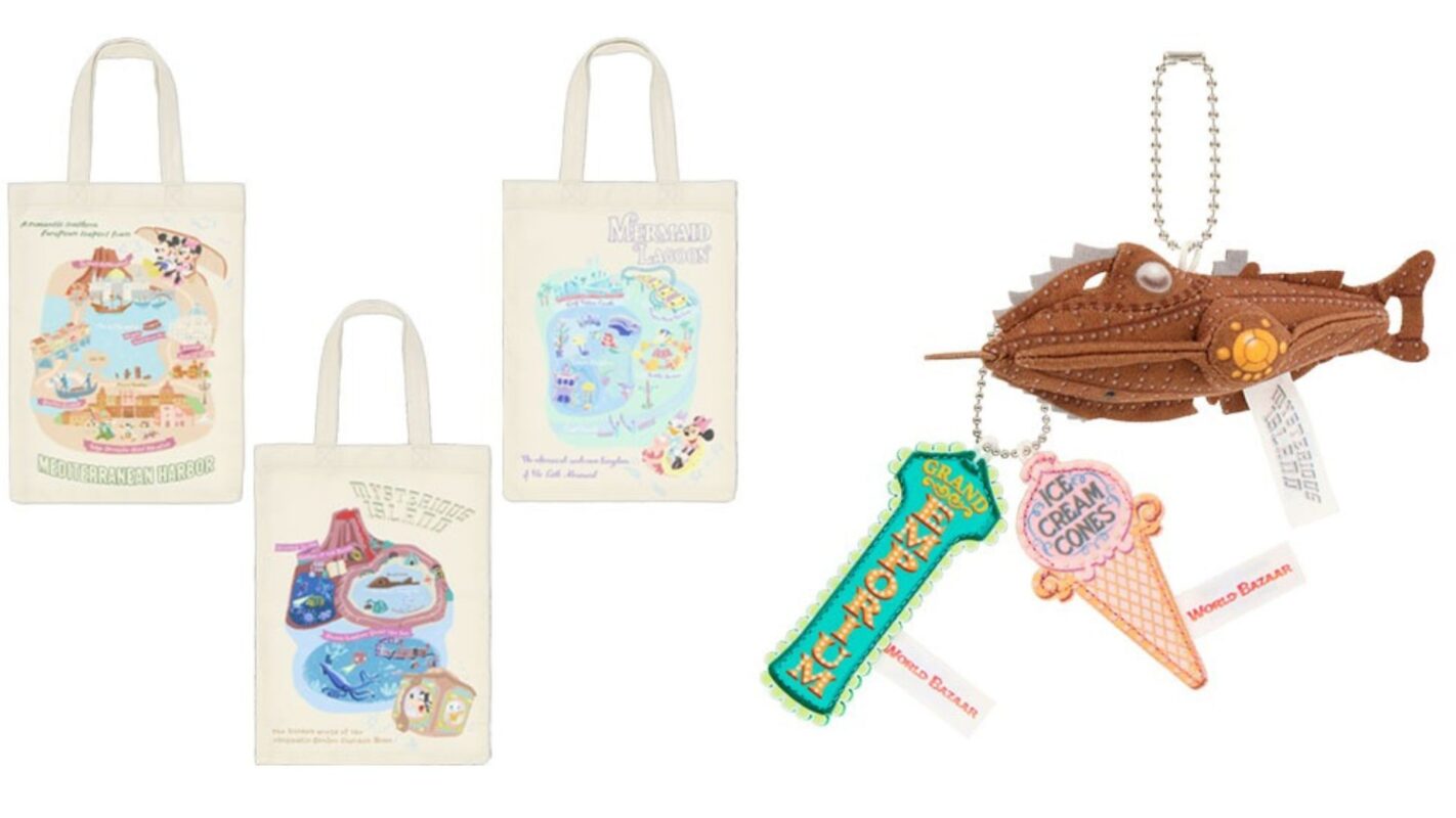Image featuring three tote bags with colorful theme park designs and three keychains shaped like 'Journey to the Center of the Earth' vehicle, ice cream cone, and '20,000 Leagues Under the Sea' submarine.