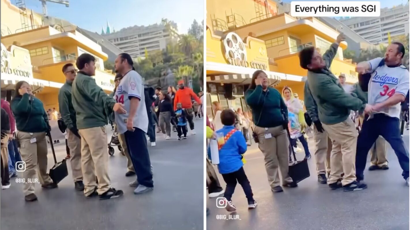 A man in a white baseball jersey confronts a person in a green jacket in a busy public space. In the next frame, reminiscent of an incident at Universal Studios Hollywood, the man in the white jersey appears to shove the other person while bystanders watch.