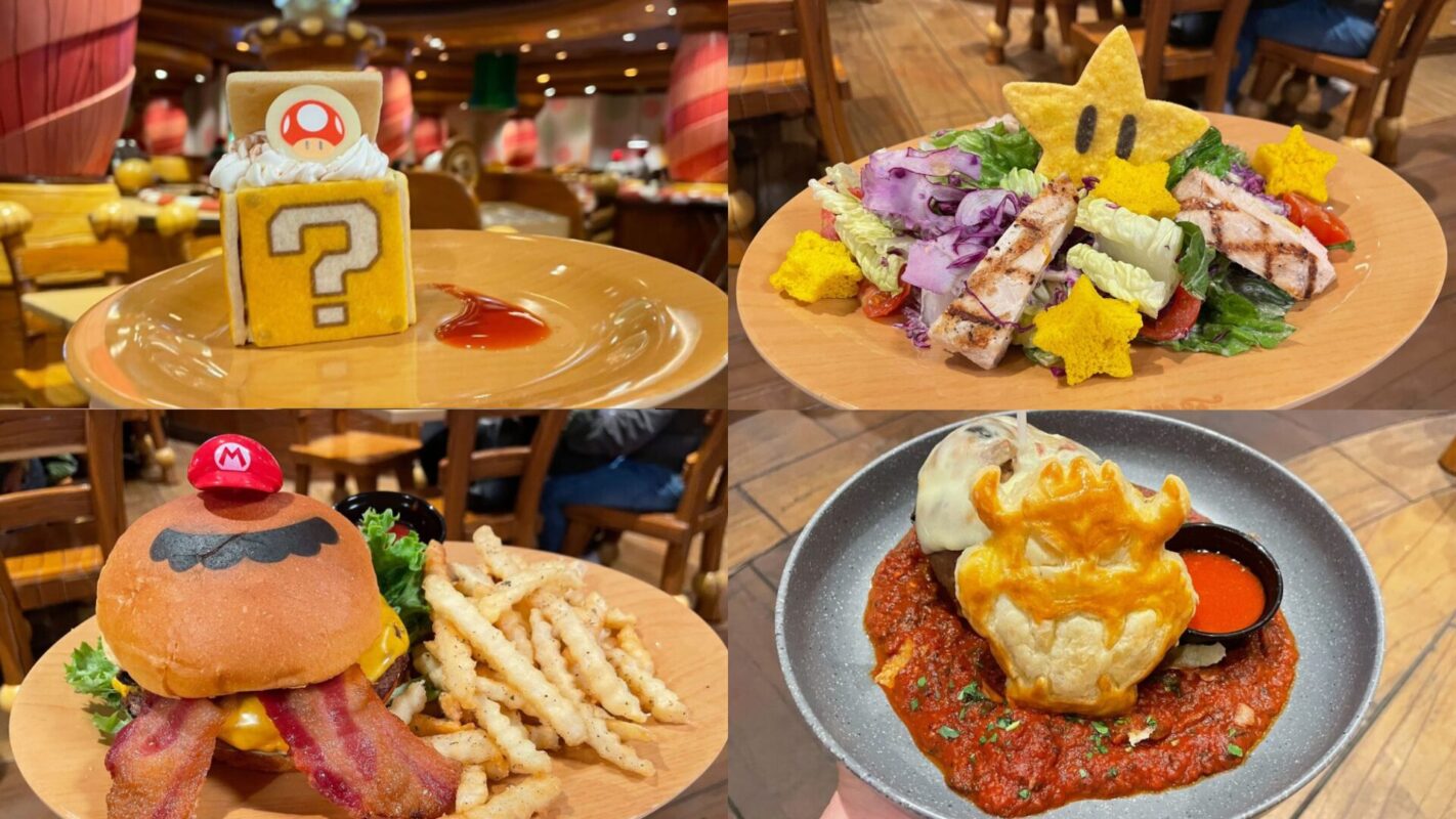 A collage of video game-themed dishes from the Toadstool Cafe at Super Nintendo World: question block cake, star-topped salad, hamburger with a Mario hat, and a fiery star-shaped pastry on a bed of marinara sauce.