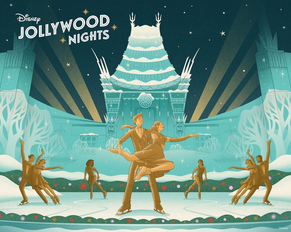 Illustration of Disney Jollywood Nights featuring ice skaters performing in front of a festive building adorned with holiday decorations and lights. Other skaters glide around, creating an enchanting scene that feels almost like an auto draft for holiday magic. Trees twinkle brightly in the background.