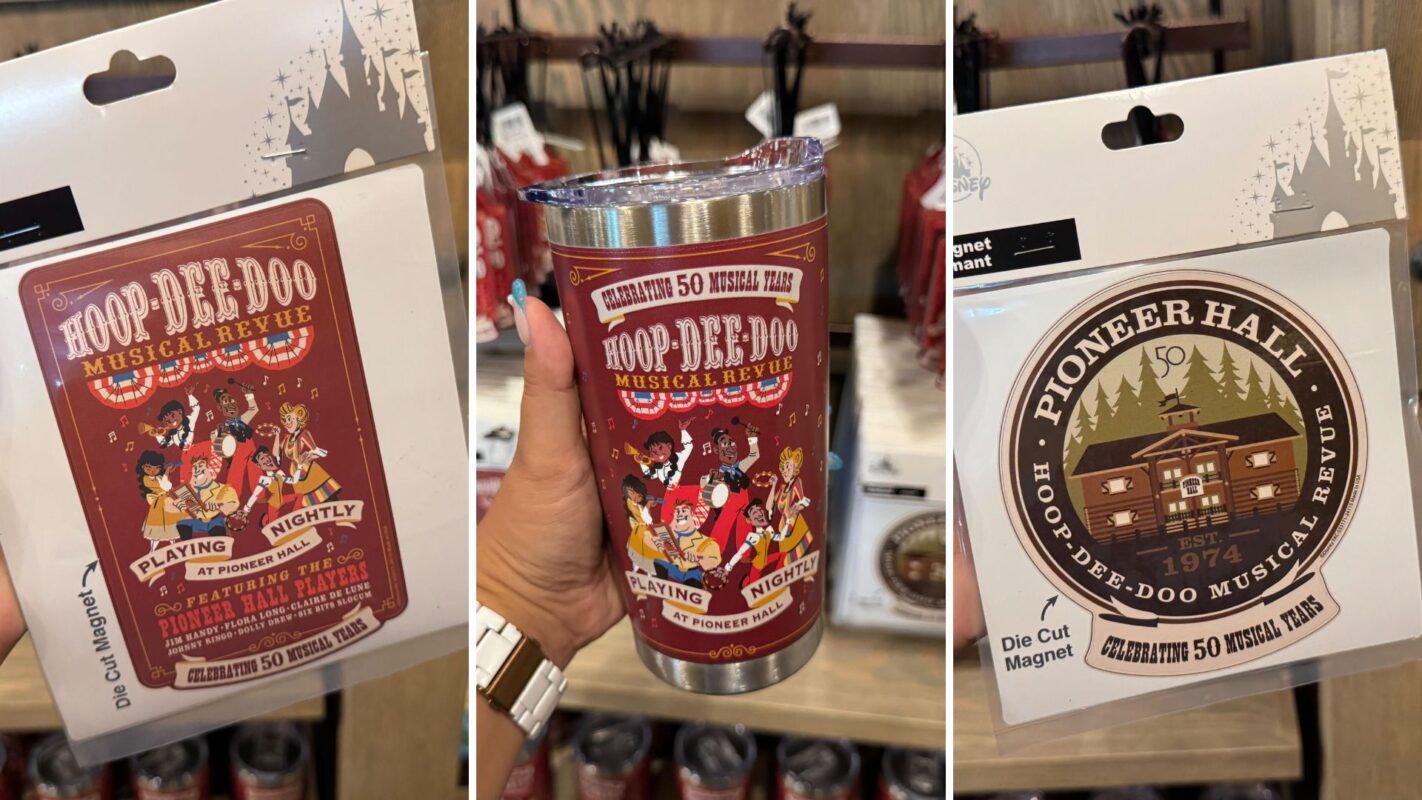 Three images show merchandise from the Hoop-Dee-Doo Musical Revue: a sticker, a steel tumbler, and a Pioneer Hall magnet. Each item features themed graphics and text related to the musical revue.