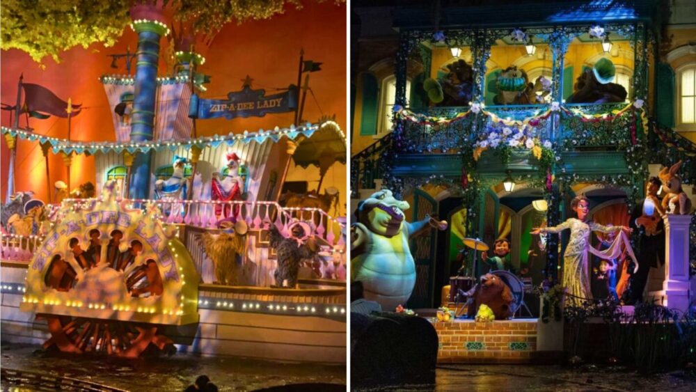 Two colorful nighttime parade floats: one depicting a riverboat scene with characters, and the other showing animated characters in a festive, illuminated street setting.
