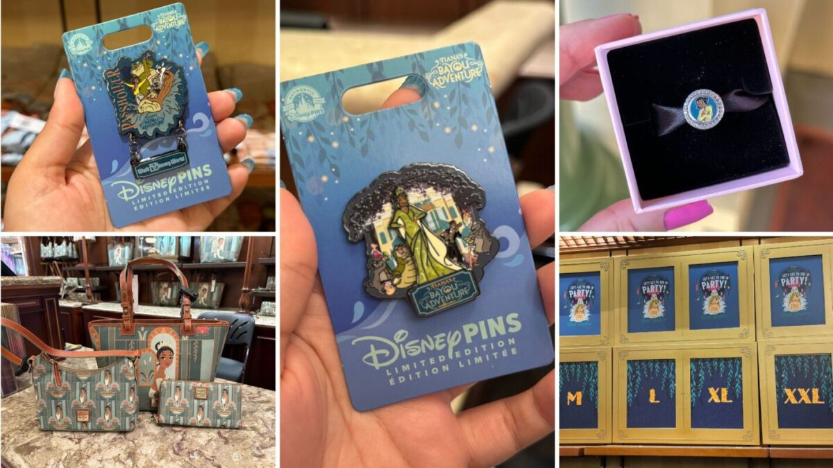 Collage of Disney-themed merchandise including a limited edition pin, a ring in a box, various handbags, and a display of shirts in different sizes.