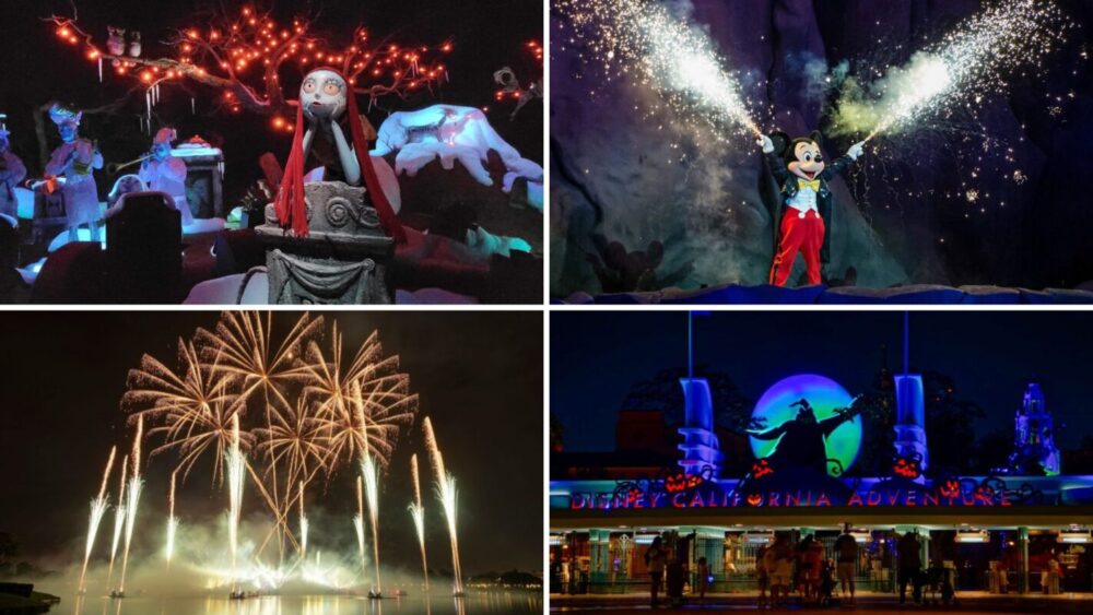 A composite image captures a daily recap of four Disney attractions: a Sally figure on Haunted Mansion Holiday, Mickey Mouse in Fantasmic, a fireworks show over water, and the illuminated entrance to Disney California Adventure during Oogie Boogie Bash.