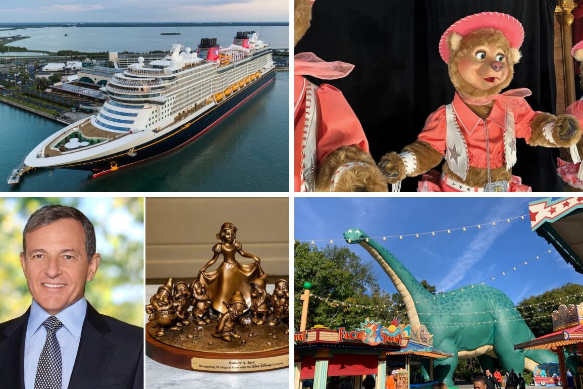 Daily recap: A vibrant collage of images featuring a cruise ship in dock, whimsical puppet characters, a man in a suit, a bronze statue, and an exciting dinosaur-themed attraction.
