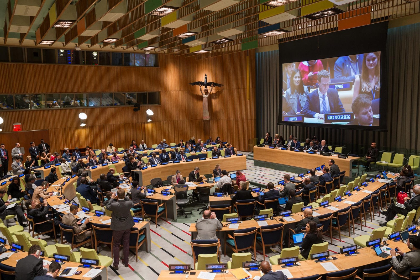 Mark Zuckerberg addresses the 70th annual U.N. General Assembly session on Saturday September 26 2015.