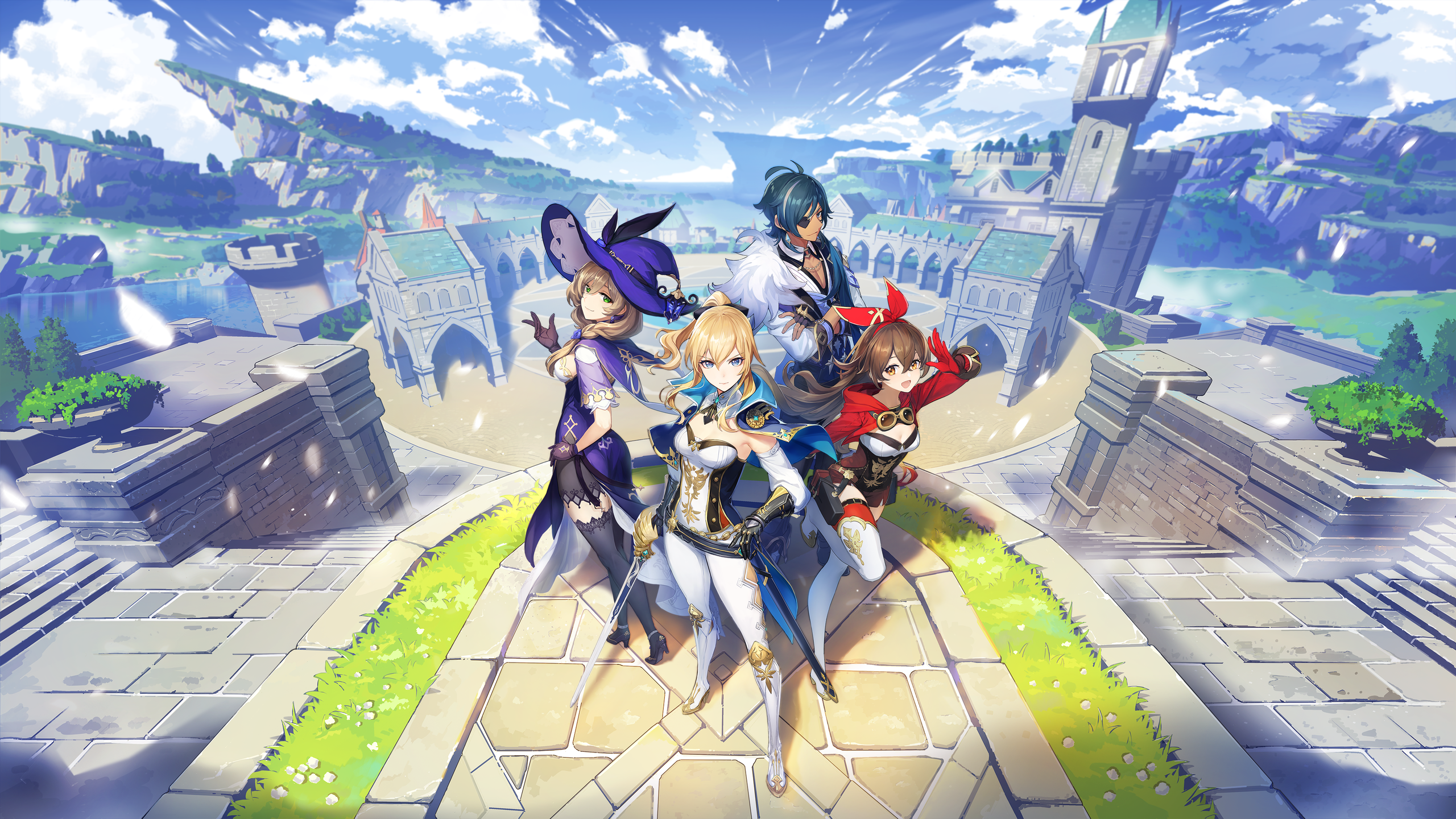 four avatars posed for a group shot in Genshin Impact game