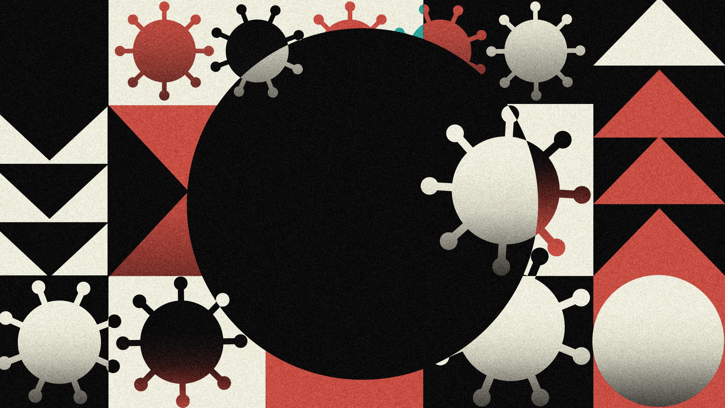 Graphic illustration of viruses and abstract shapes.