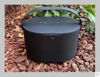 Black oval shaped speaker with handle on top and icons on top sitting in woodchips beside small plants