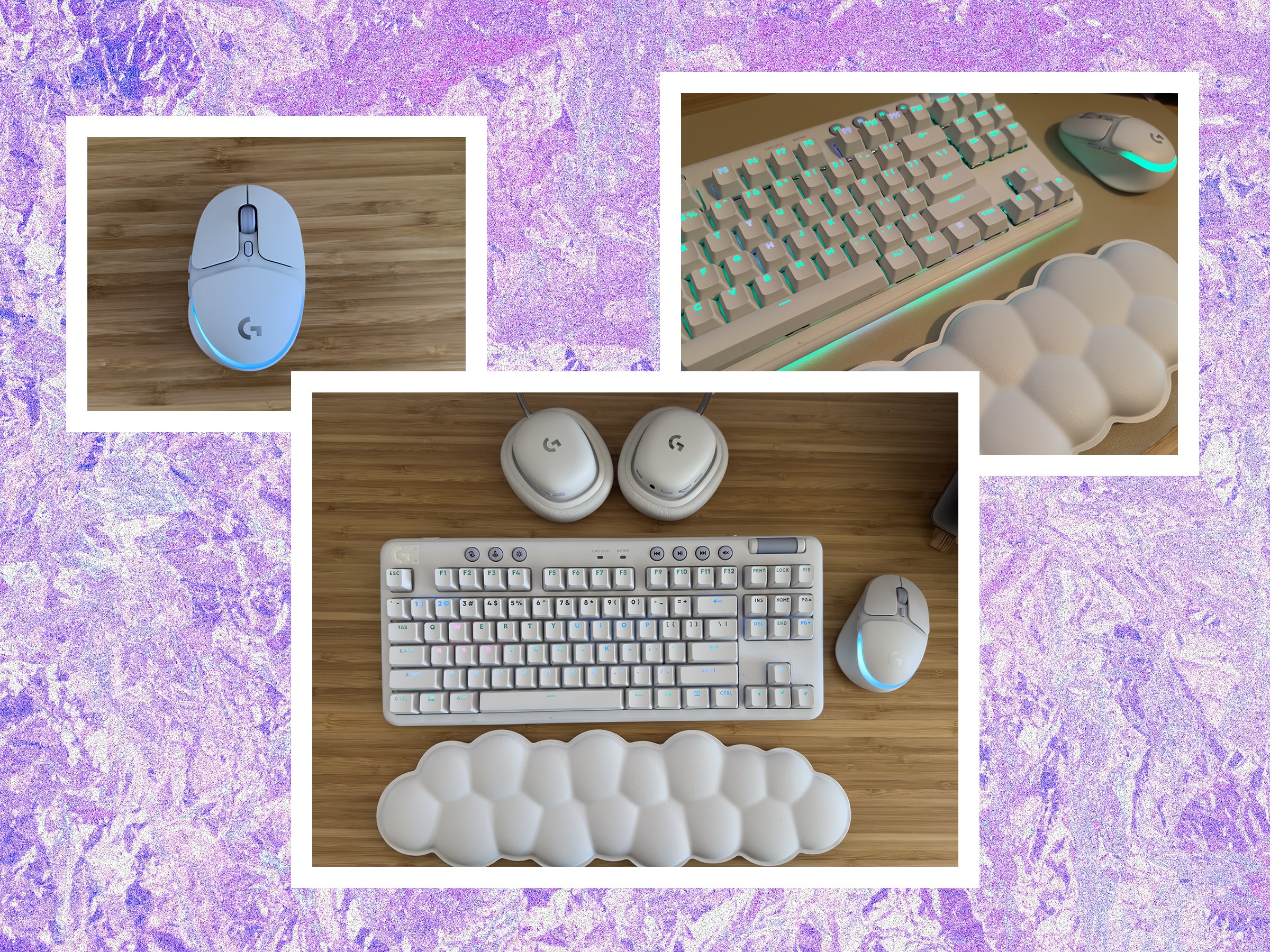 Left Close up of white computer mouse. Center Overhead view of headphones laying flat white keyboard wristpad shaped...