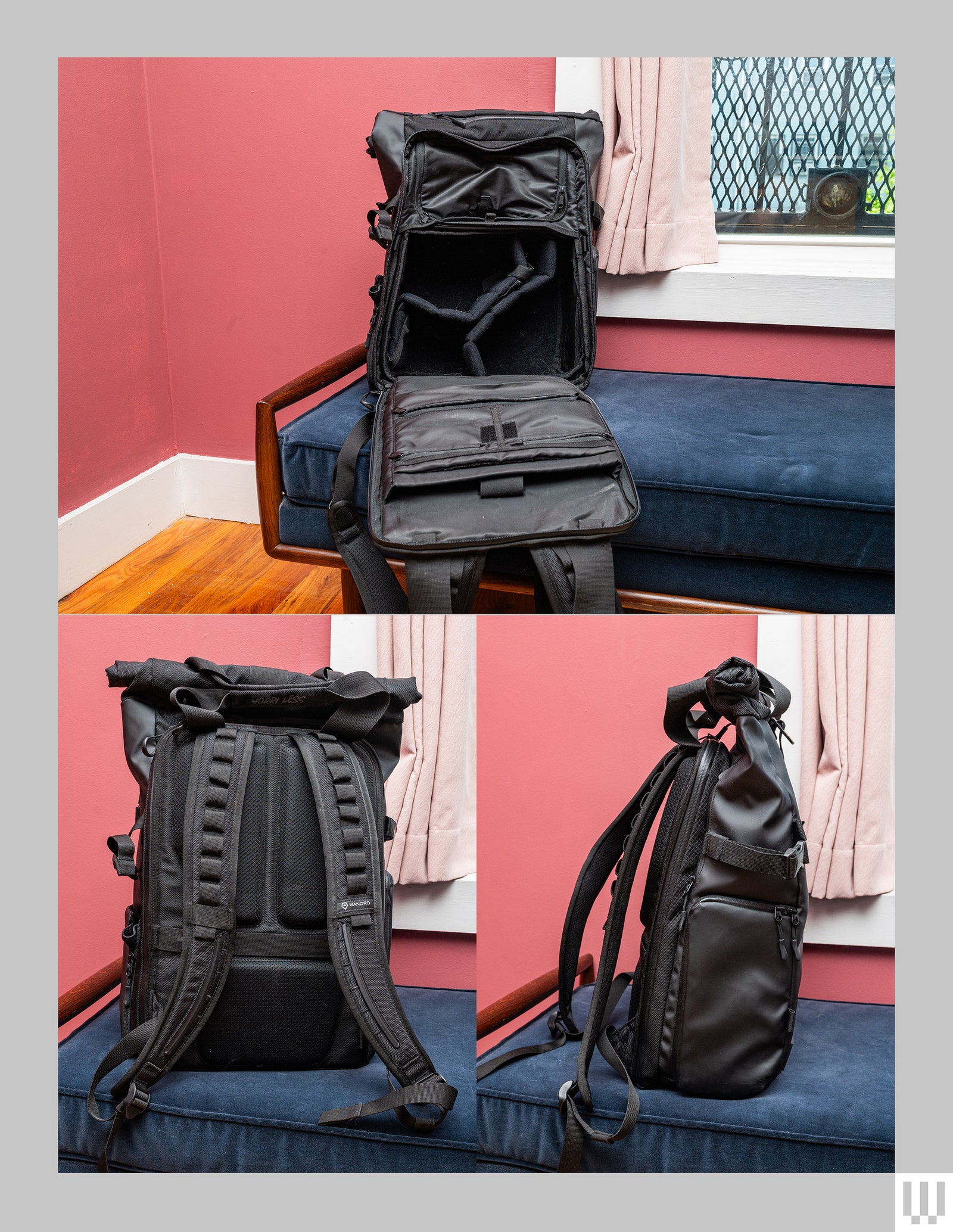 Top left and right respectively are views of black camera backpack with thick padded straps front panel fully open back...