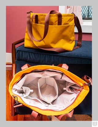 Front and overhead view of a yellow camera bag with brown straps