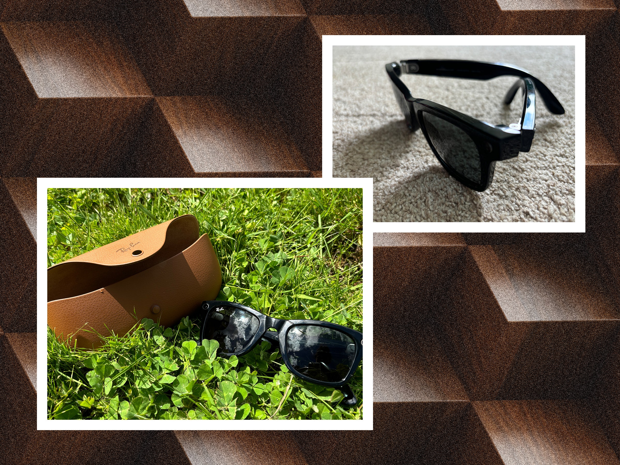 Left Black sunglasses and a brown carrying case sitting in the grass. Right Closeup side view of black sunglasses....