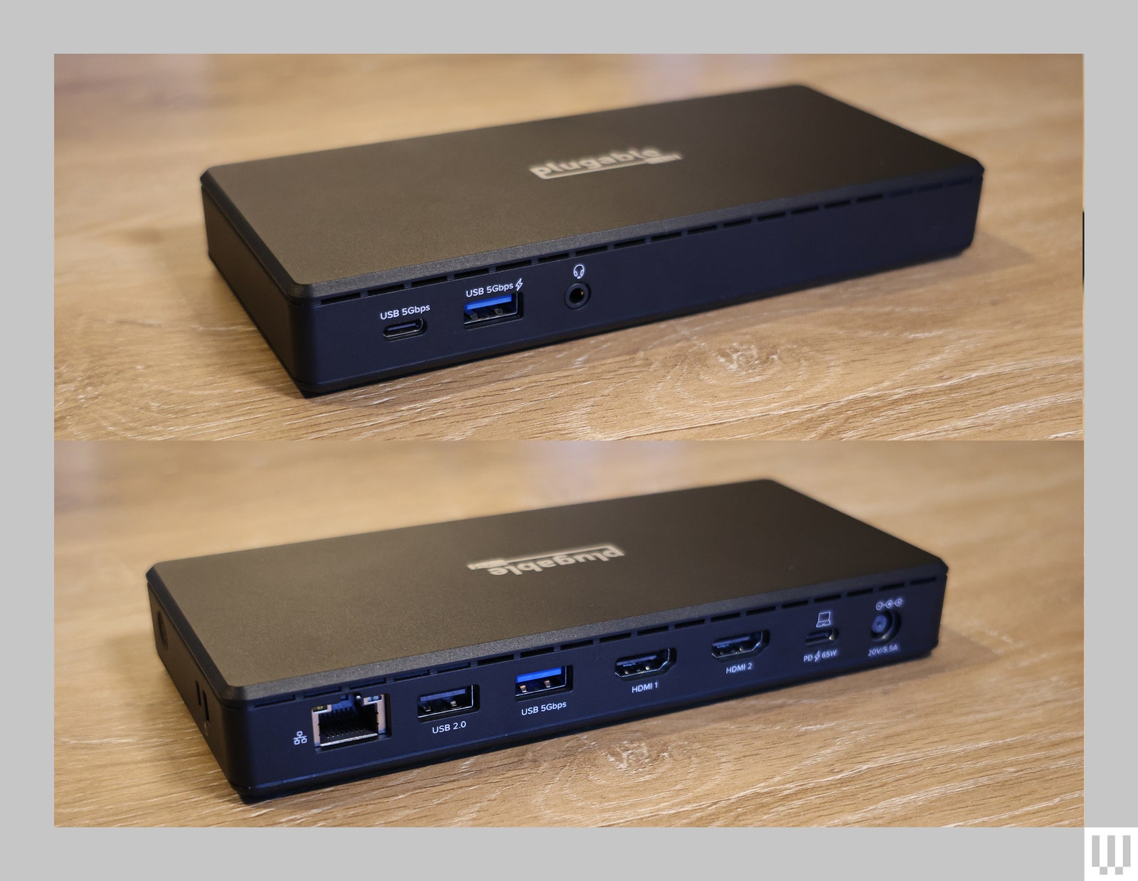 Front and back view of black rectangular device with multiple ports