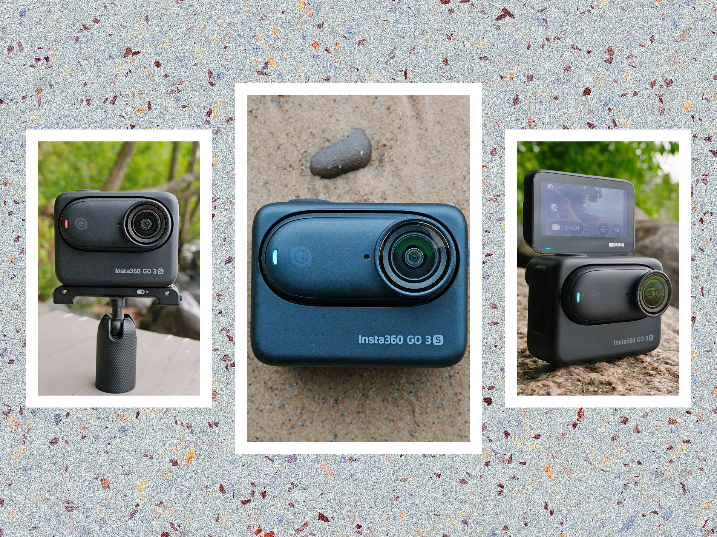 Different views of a small simple camera. Decorative background grey terrazo pattern.