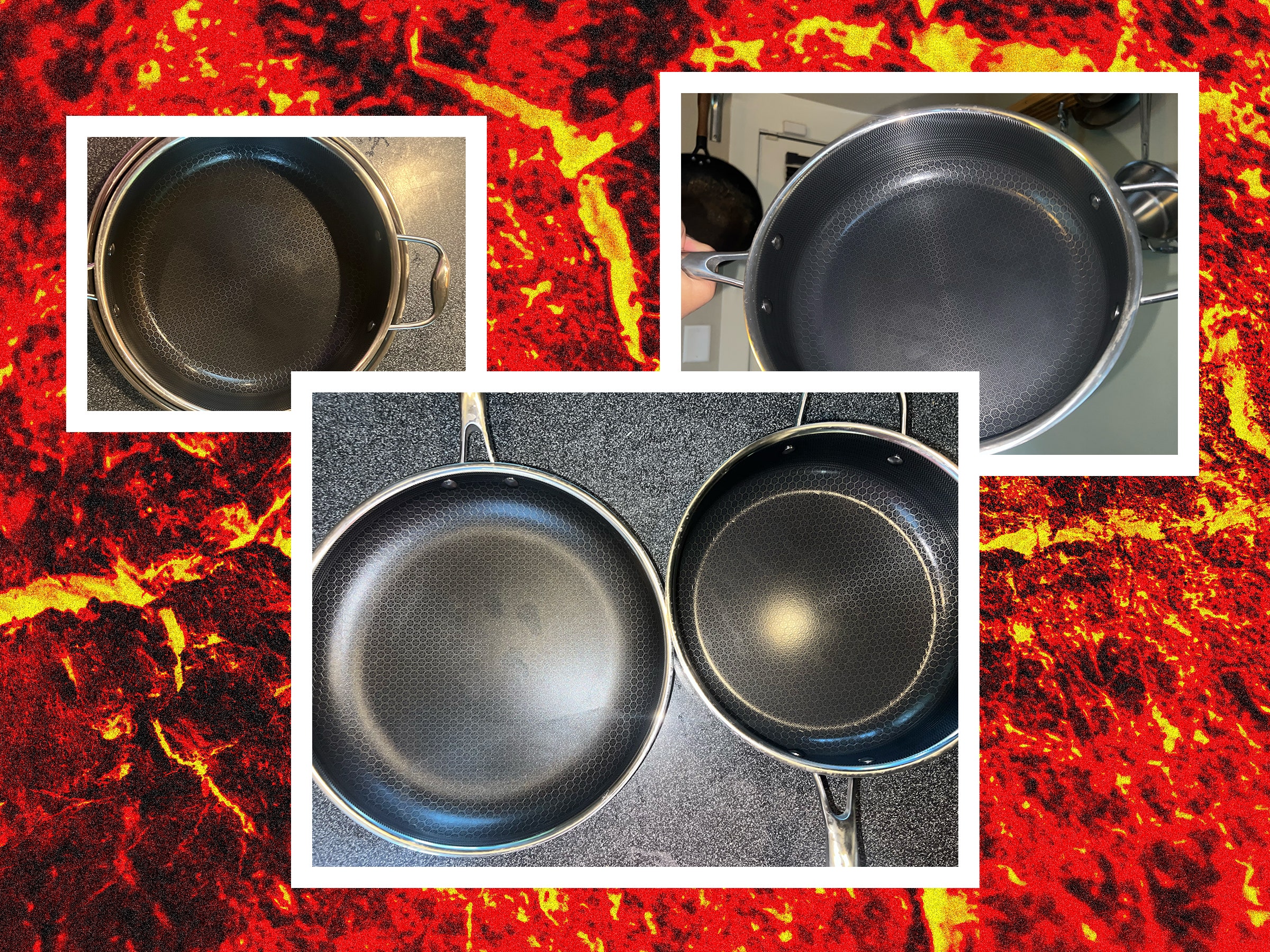 Different views of silver cookware pans. Decorative background lava texture.