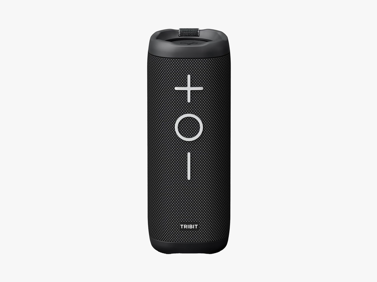 Black cylindrical speaker with large white symbols on the front (plus, circle, and vertical line)