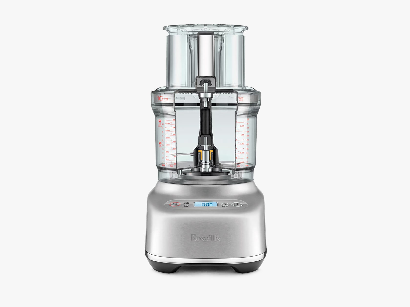 Silver food processor with large clear container and sleek base