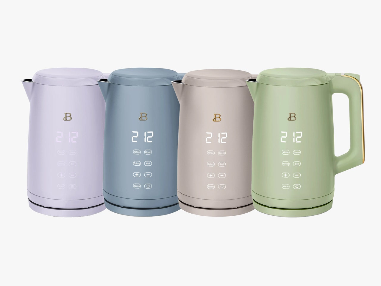 4 kinds of the same electric kettle in purple, blue, beige and green