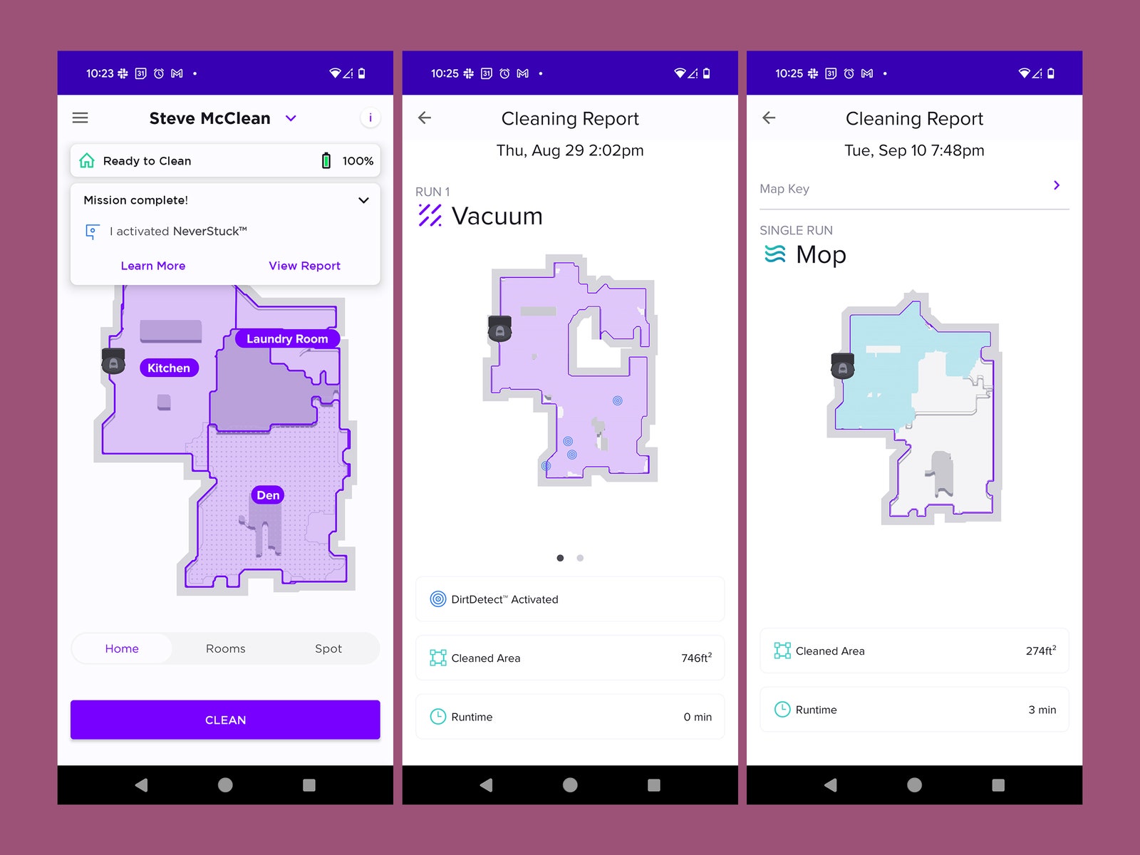 Screenshots for a robot. vacuum app showing floorplans and cleaning reports