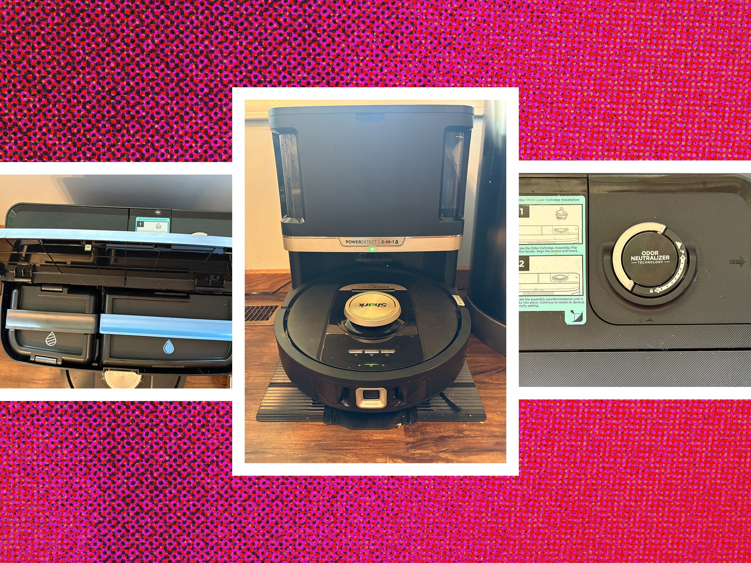 Different views of a circular robot vacuum and docking station including the water containers and the odor neutralizing...