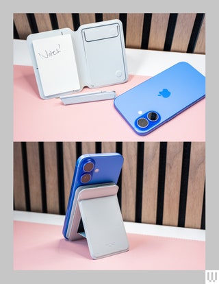 Top Mobile phone case open with a small notebook on the left. Bottom Mobile phone case propping up the phone at an angle.