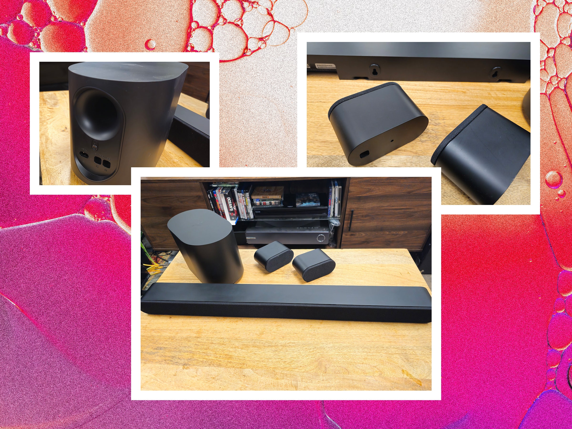 Different views of the Vizio 5.1 Soundbar system including a closeup of the subwoofer the set and overhead view of the...