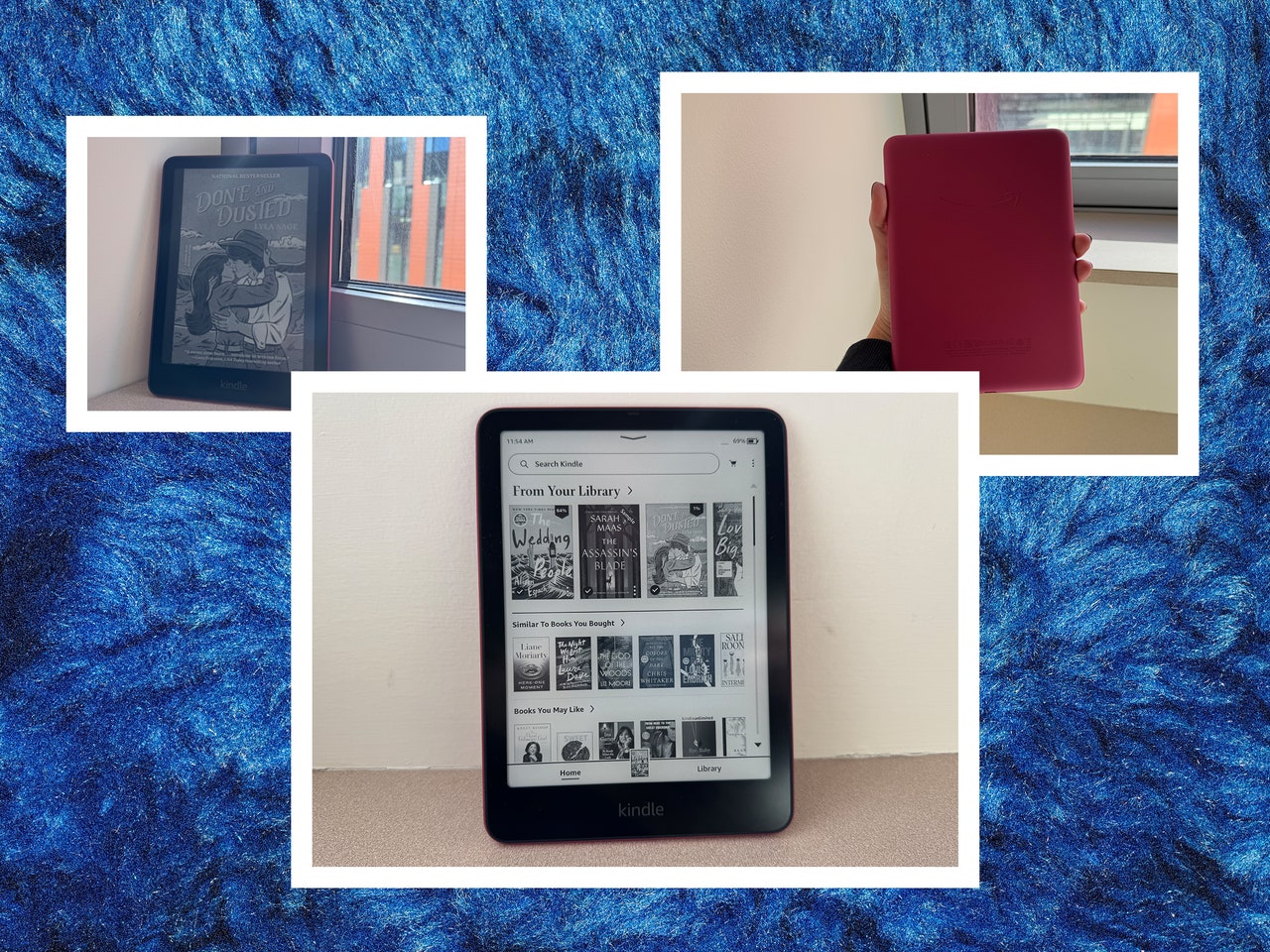 Different views of a Kindle Paperwhite, a slim e-reader. Left to right: Front view showing an e-book cover, front showing a catalog of e-books, and back showing the pink exterior. Decorative background: blue fur texture.