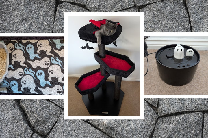 Left to right Cat liter mat decorated with blue and white ghosts cat tree with coffinshaped platforms and cat water...