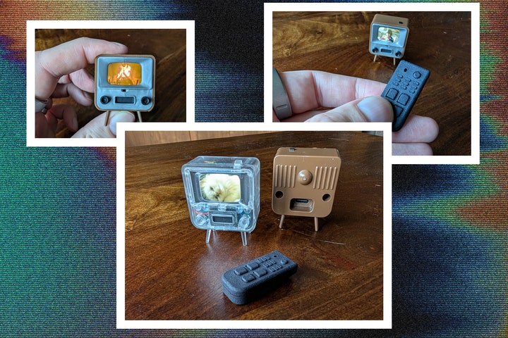 Different views of the Tiny TV 2 a miniature tv set shown pinched between fingers and a closeup of the micro remote....